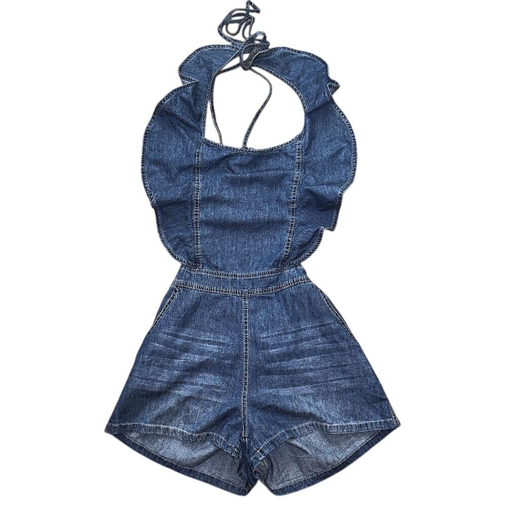 NWT Do+Be Open-Back Halter Ruffle Cotton Denim Romper Medium